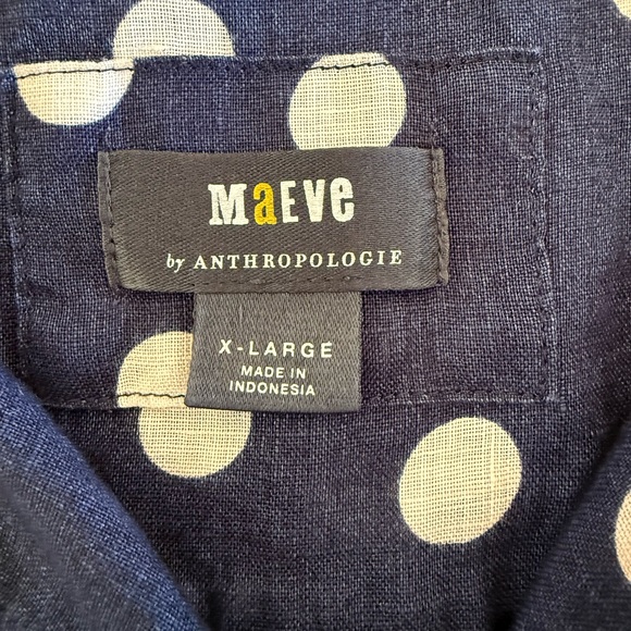 Anthropologie Maeve Navy Polka Dot Top 100% Linen, Button-Up, Size XL - Picture 6 of 7
